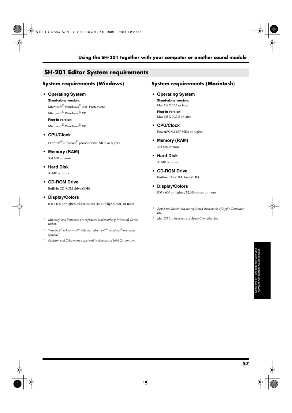 Sh-201 editor system requirements, System requirements (windows), System requirements (macintosh) | Roland SH-201 User Manual | Page 57 / 84