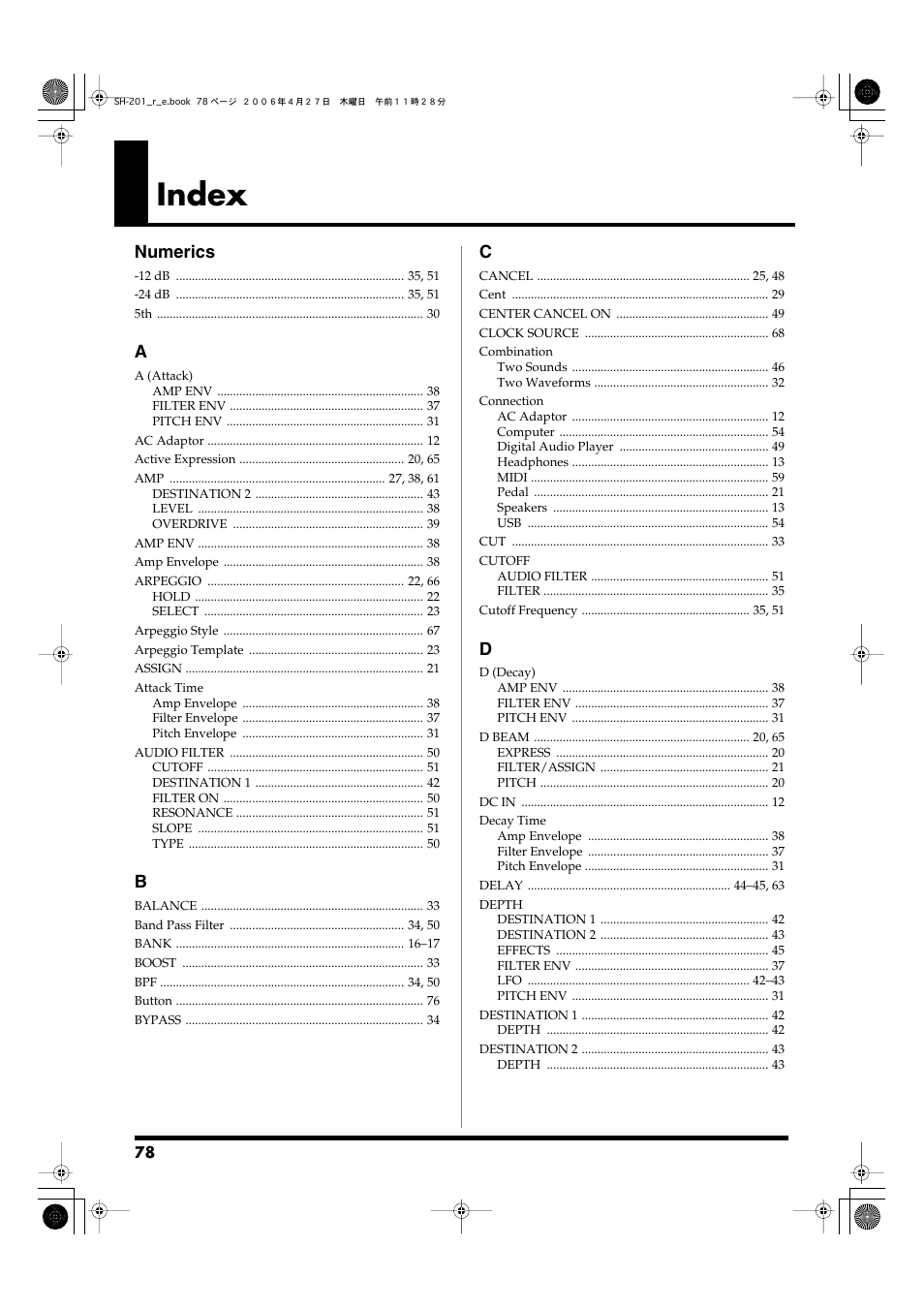 Index | Roland SH-201 User Manual | Page 78 / 84