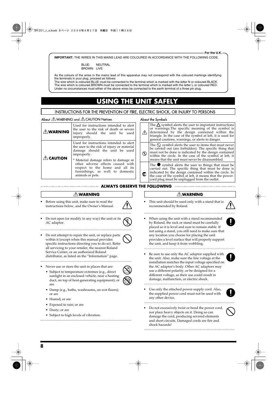 Using the unit safely | Roland SH-201 User Manual | Page 8 / 84