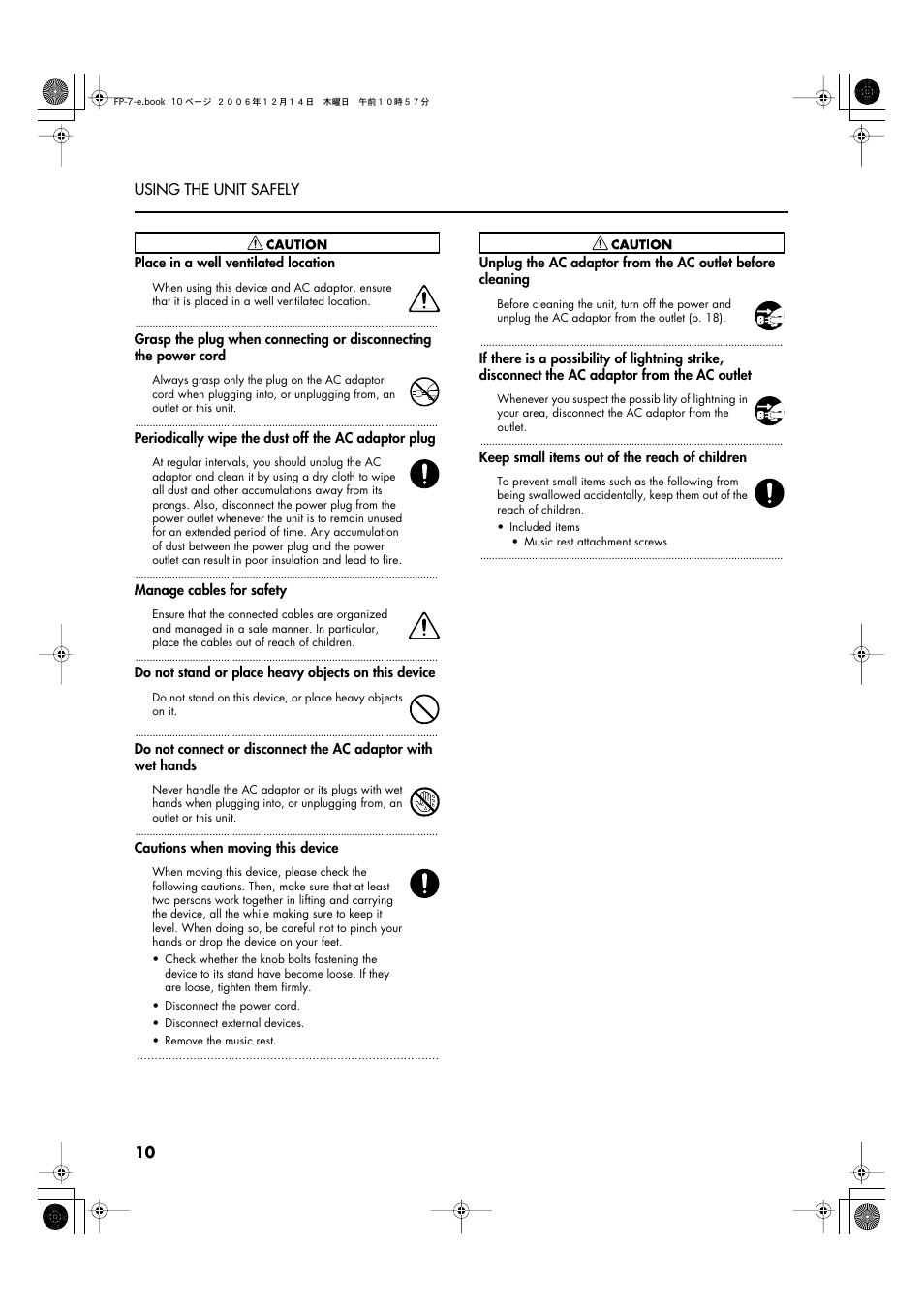 10 using the unit safely | Roland FP-7 User Manual | Page 10 / 188