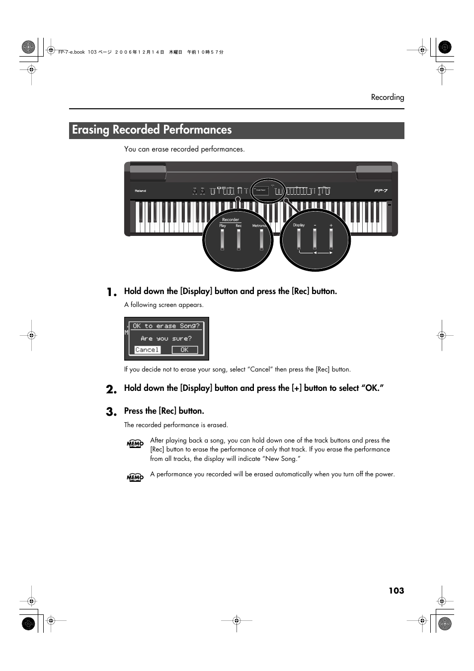 Erasing recorded performances | Roland FP-7 User Manual | Page 103 / 188
