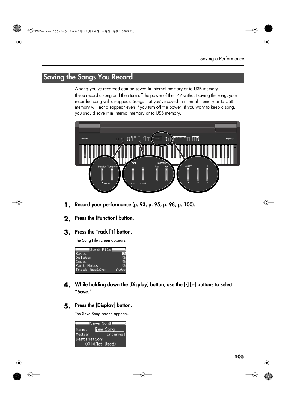 Saving the songs you record, Saving to internal memory (p. 105) | Roland FP-7 User Manual | Page 105 / 188