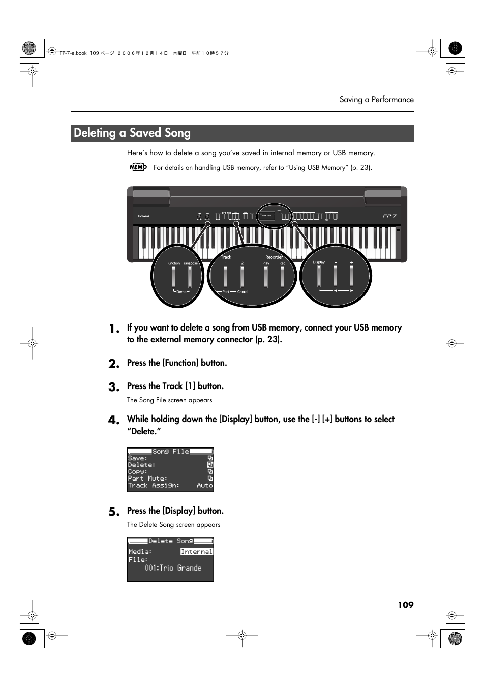 Deleting a saved song | Roland FP-7 User Manual | Page 109 / 188