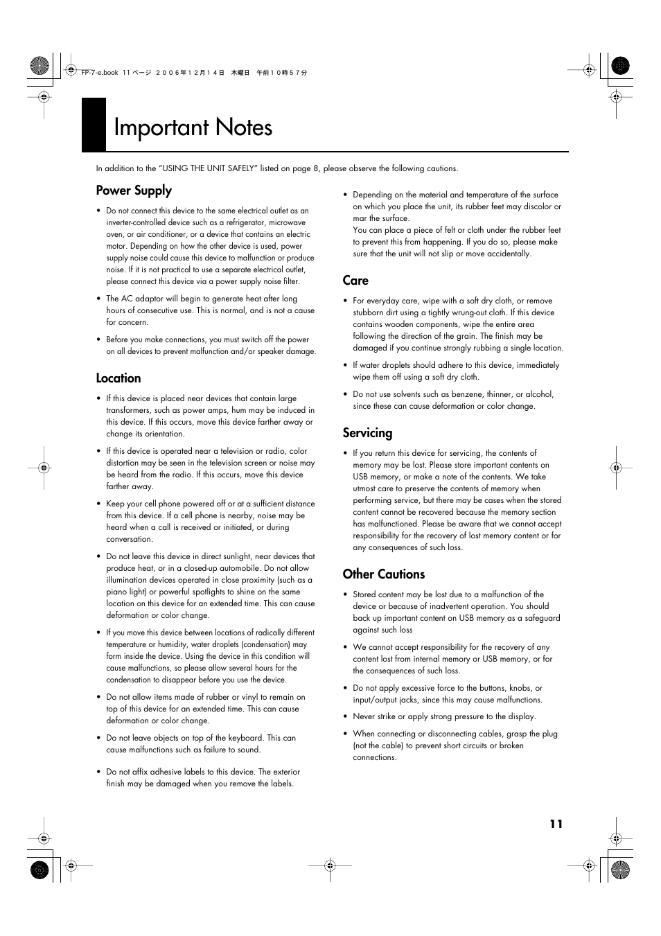 Important notes, Power supply, Location | Care, Servicing, Other cautions | Roland FP-7 User Manual | Page 11 / 188