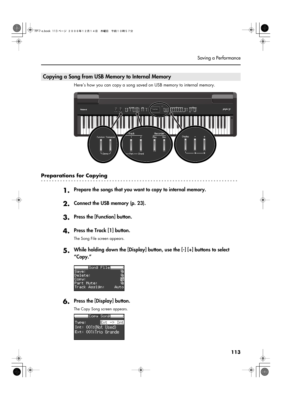 Copying a song from usb memory to internal memory | Roland FP-7 User Manual | Page 113 / 188