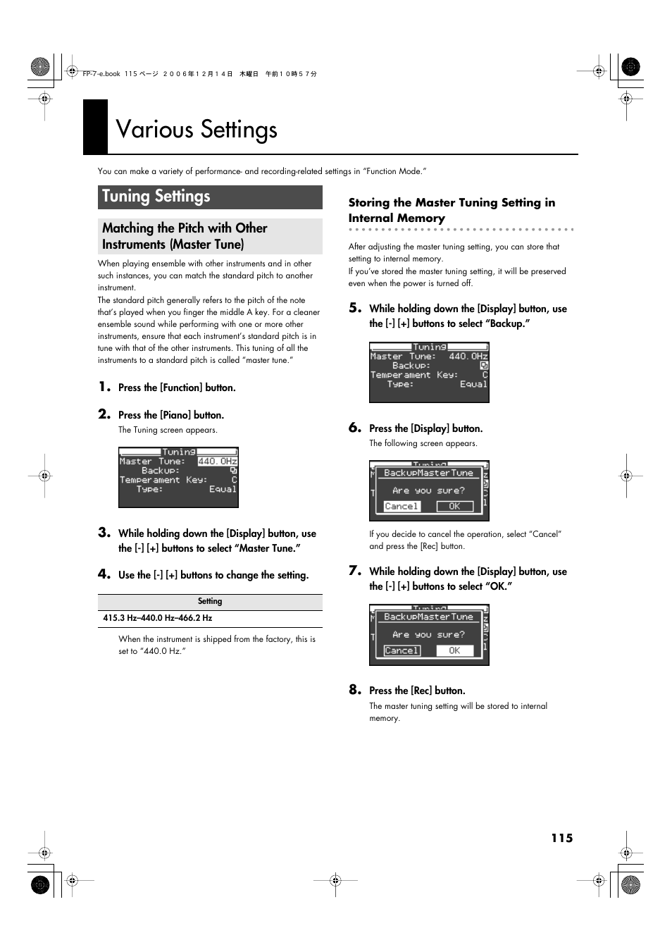 Various settings, Tuning settings | Roland FP-7 User Manual | Page 115 / 188