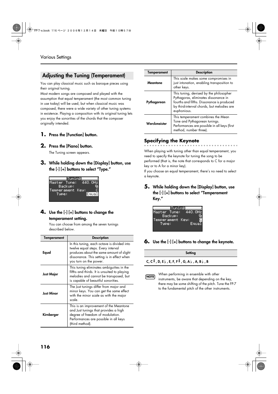 Adjusting the tuning (temperament) | Roland FP-7 User Manual | Page 116 / 188