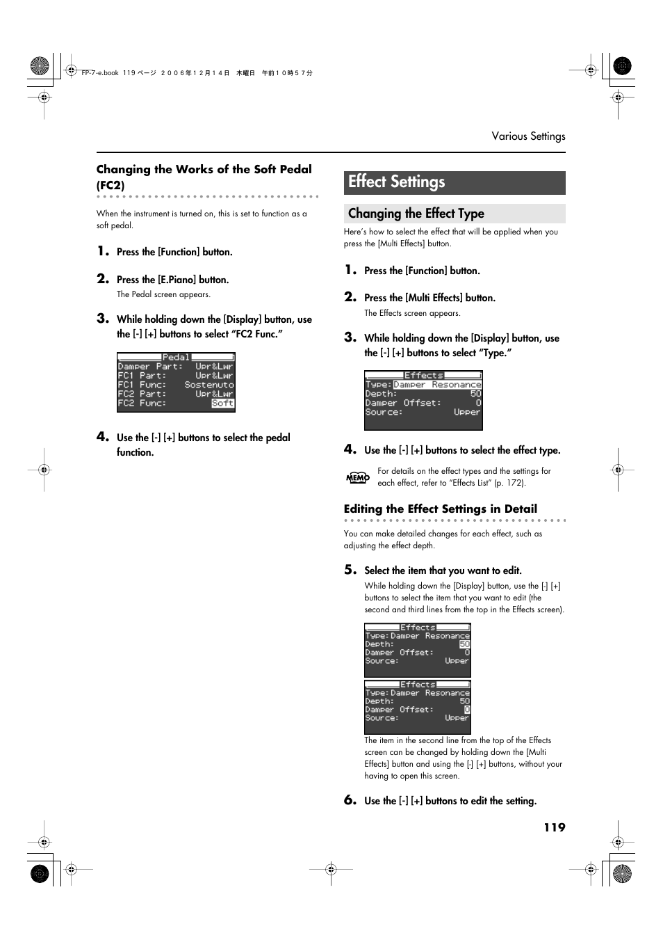 Effect settings, Changing the effect type | Roland FP-7 User Manual | Page 119 / 188