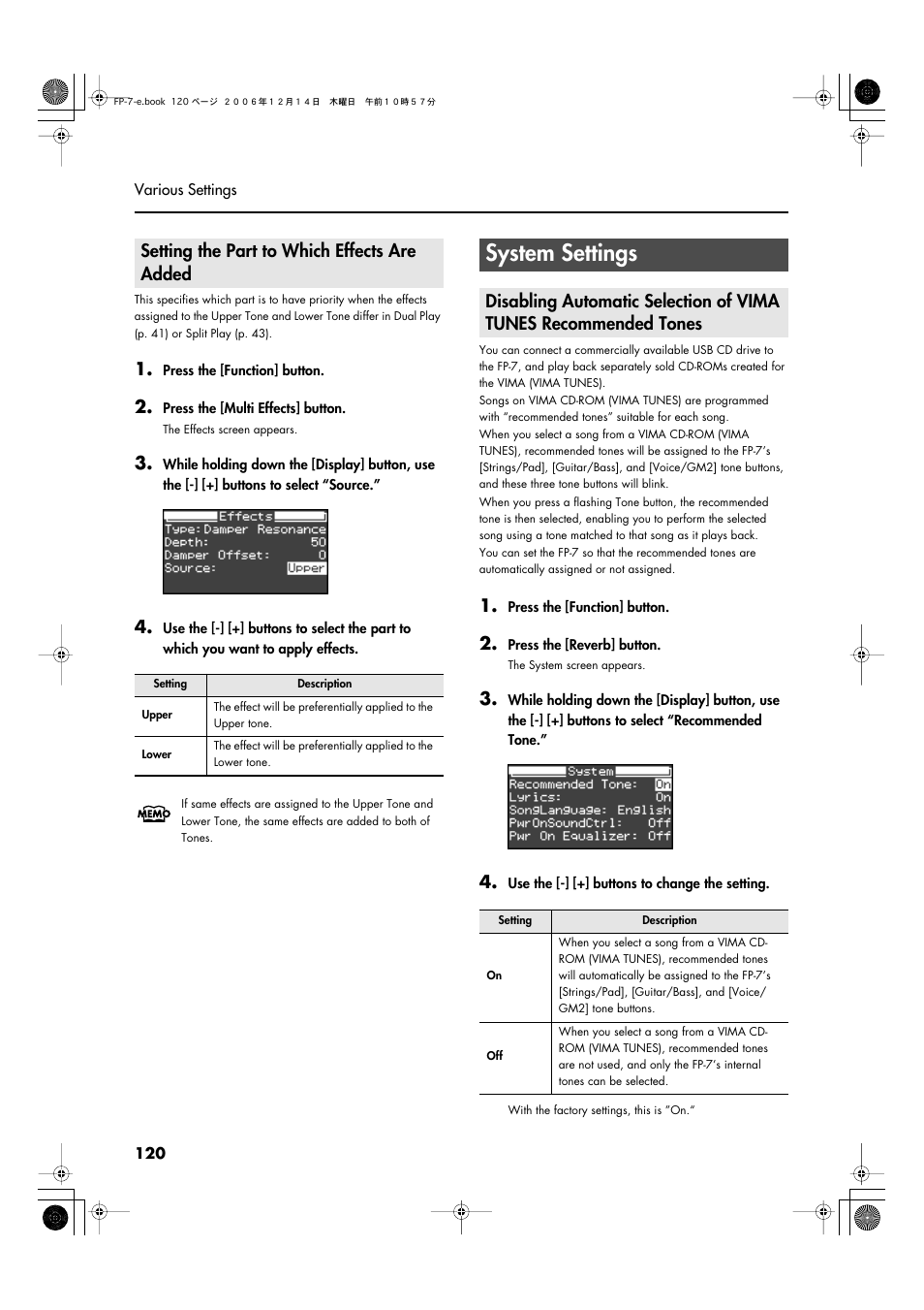 Setting the part to which effects are added, System settings | Roland FP-7 User Manual | Page 120 / 188