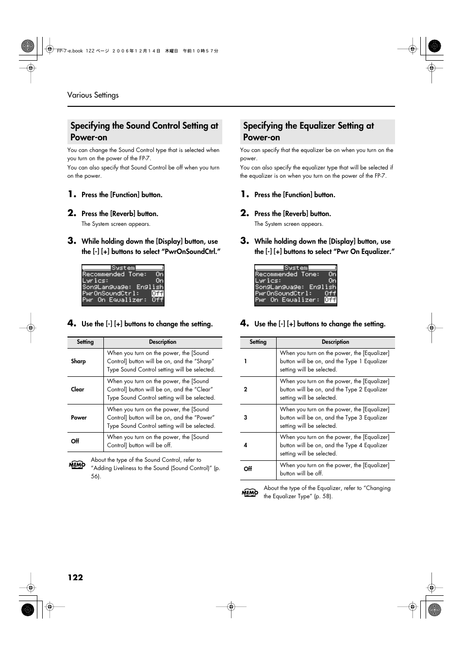 Specifying the sound control setting at power-on, Specifying the equalizer setting at power-on | Roland FP-7 User Manual | Page 122 / 188