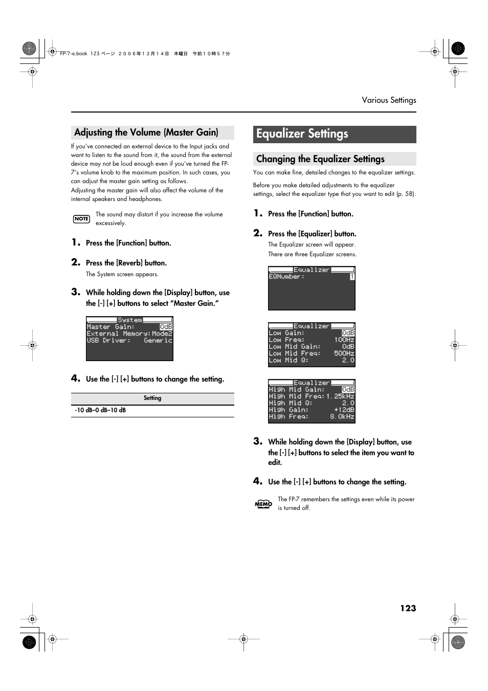 Adjusting the volume (master gain), Equalizer settings, Changing the equalizer settings | Roland FP-7 User Manual | Page 123 / 188