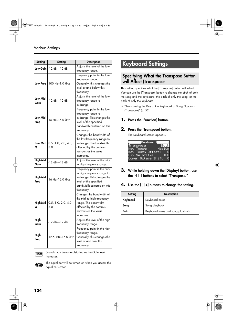 Keyboard settings | Roland FP-7 User Manual | Page 124 / 188