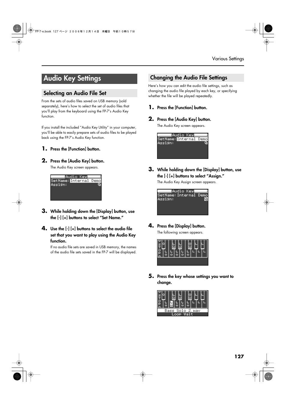 Audio key settings, Selecting an audio file set, Changing the audio file settings | Roland FP-7 User Manual | Page 127 / 188