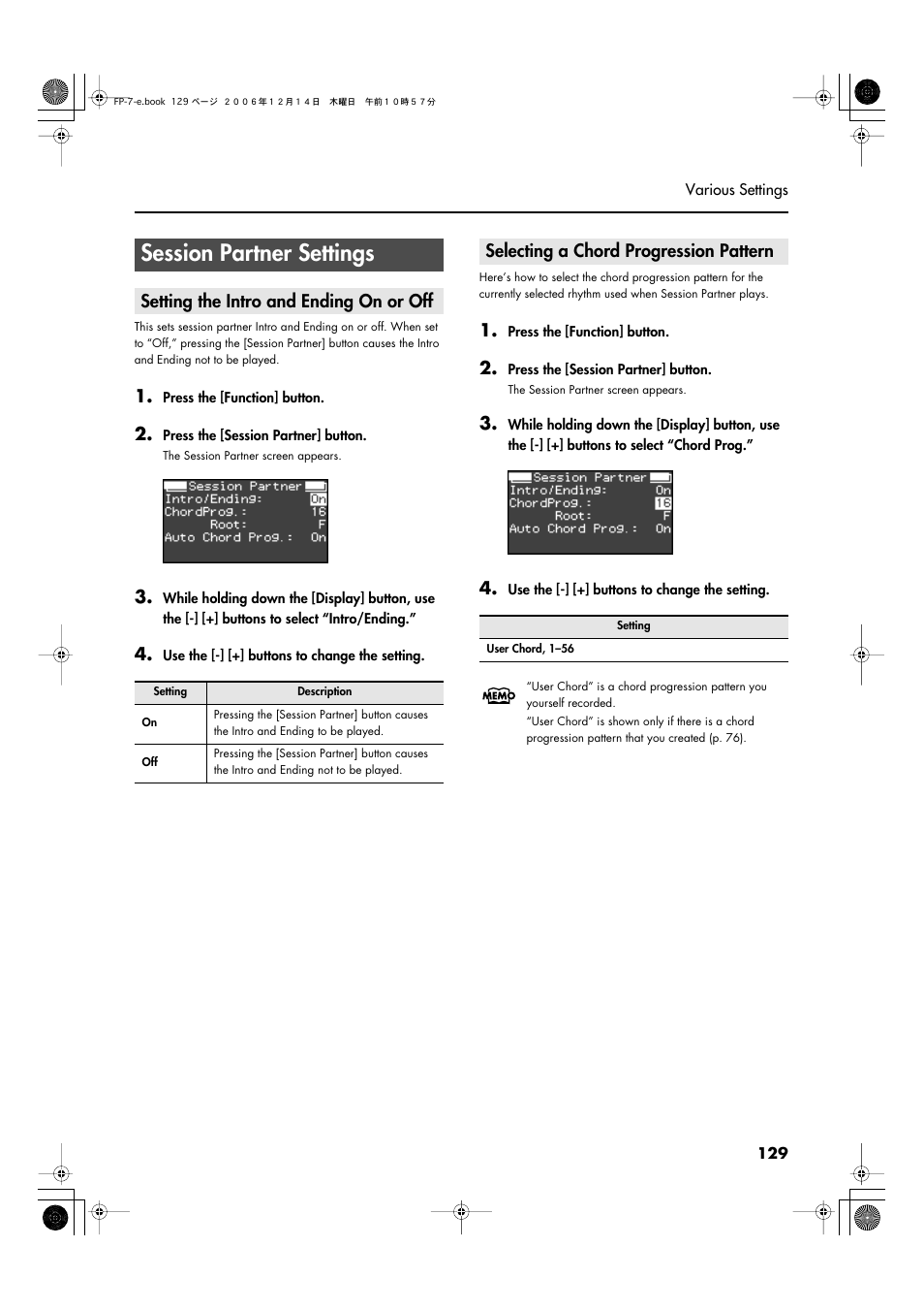 Session partner settings, Setting the intro and ending on or off, Selecting a chord progression pattern | Setting the intro and ending on or off” (p. 129) | Roland FP-7 User Manual | Page 129 / 188