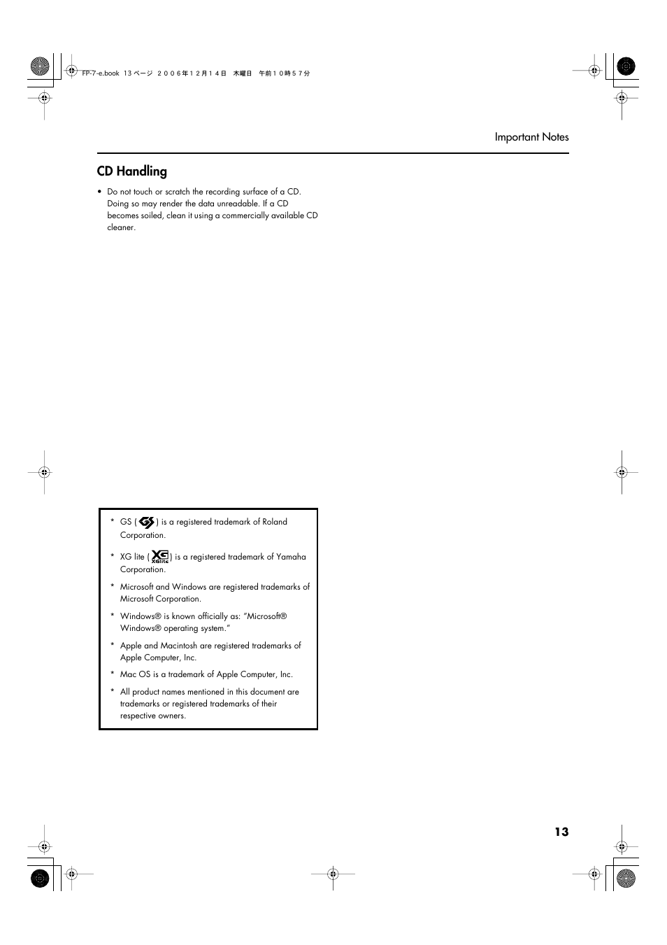 Cd handling | Roland FP-7 User Manual | Page 13 / 188