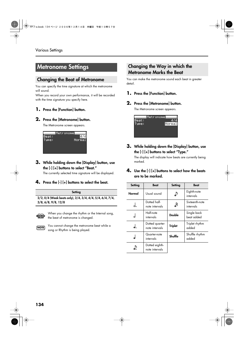 Metronome settings, Changing the beat of metronome, Changing the beat of metronome” (p. 134) | Roland FP-7 User Manual | Page 134 / 188