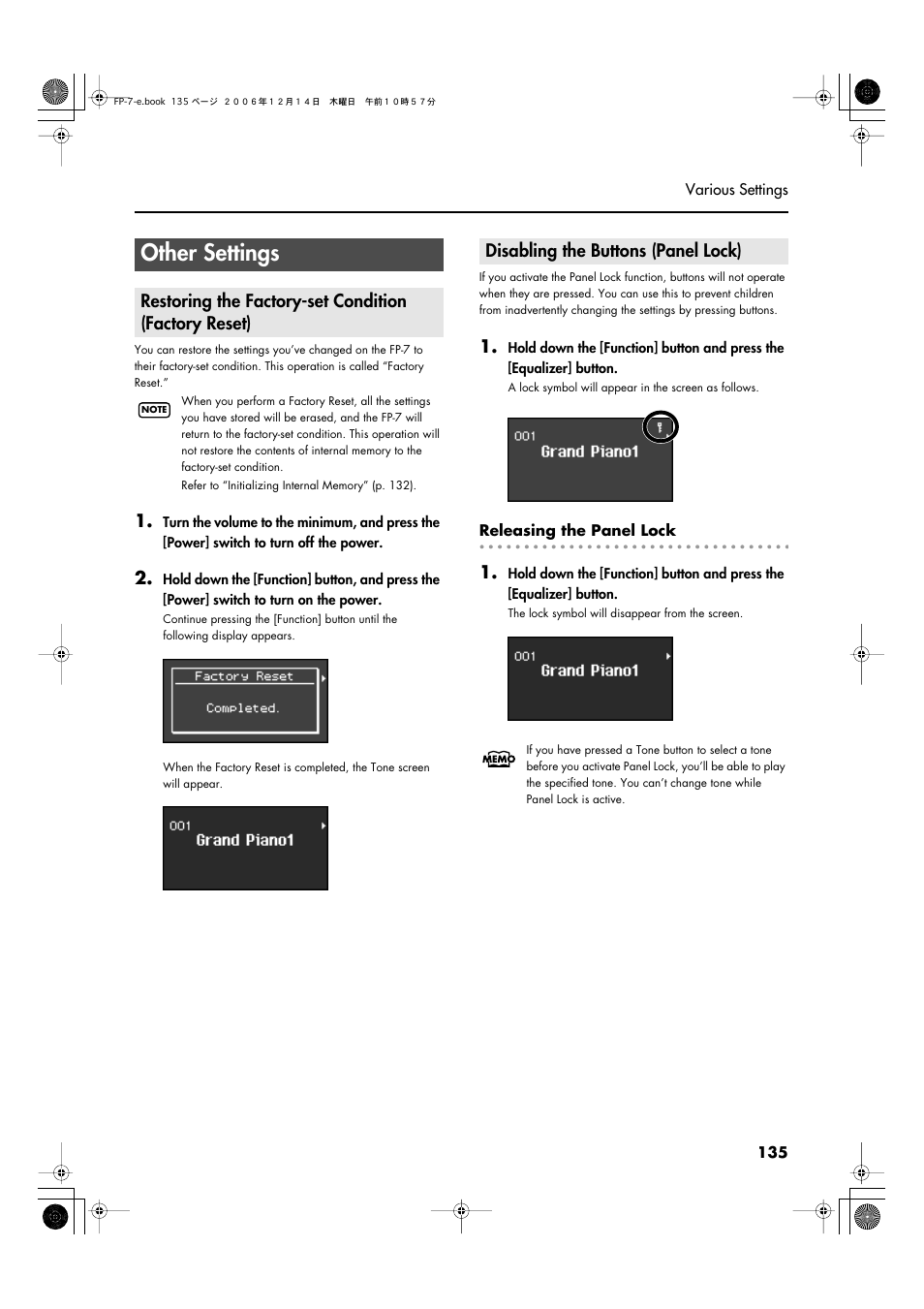 Other settings, Disabling the buttons (panel lock) | Roland FP-7 User Manual | Page 135 / 188