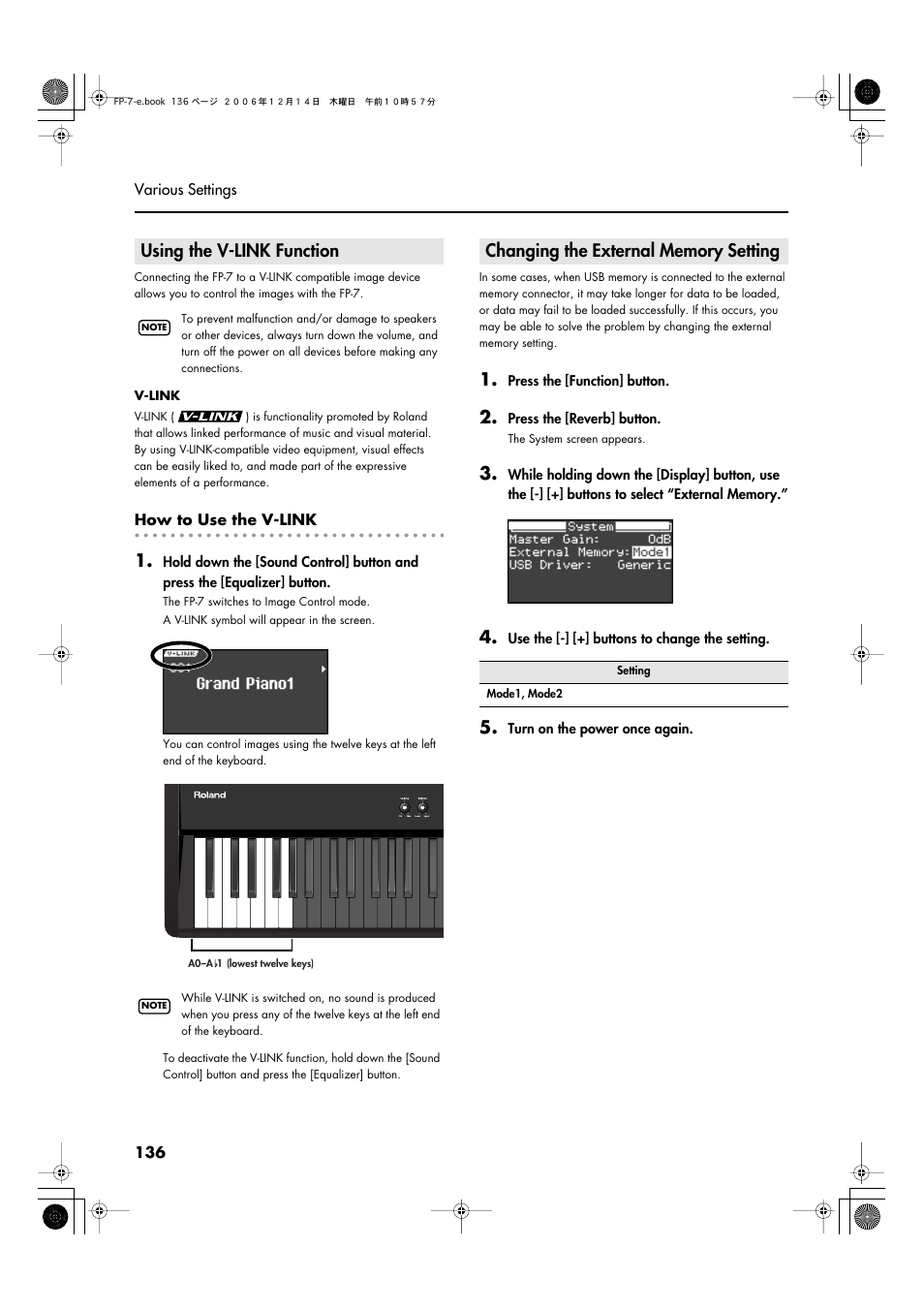 Using the v-link function, Changing the external memory setting, Button, you can turn v-link on and off (p. 136) | Roland FP-7 User Manual | Page 136 / 188