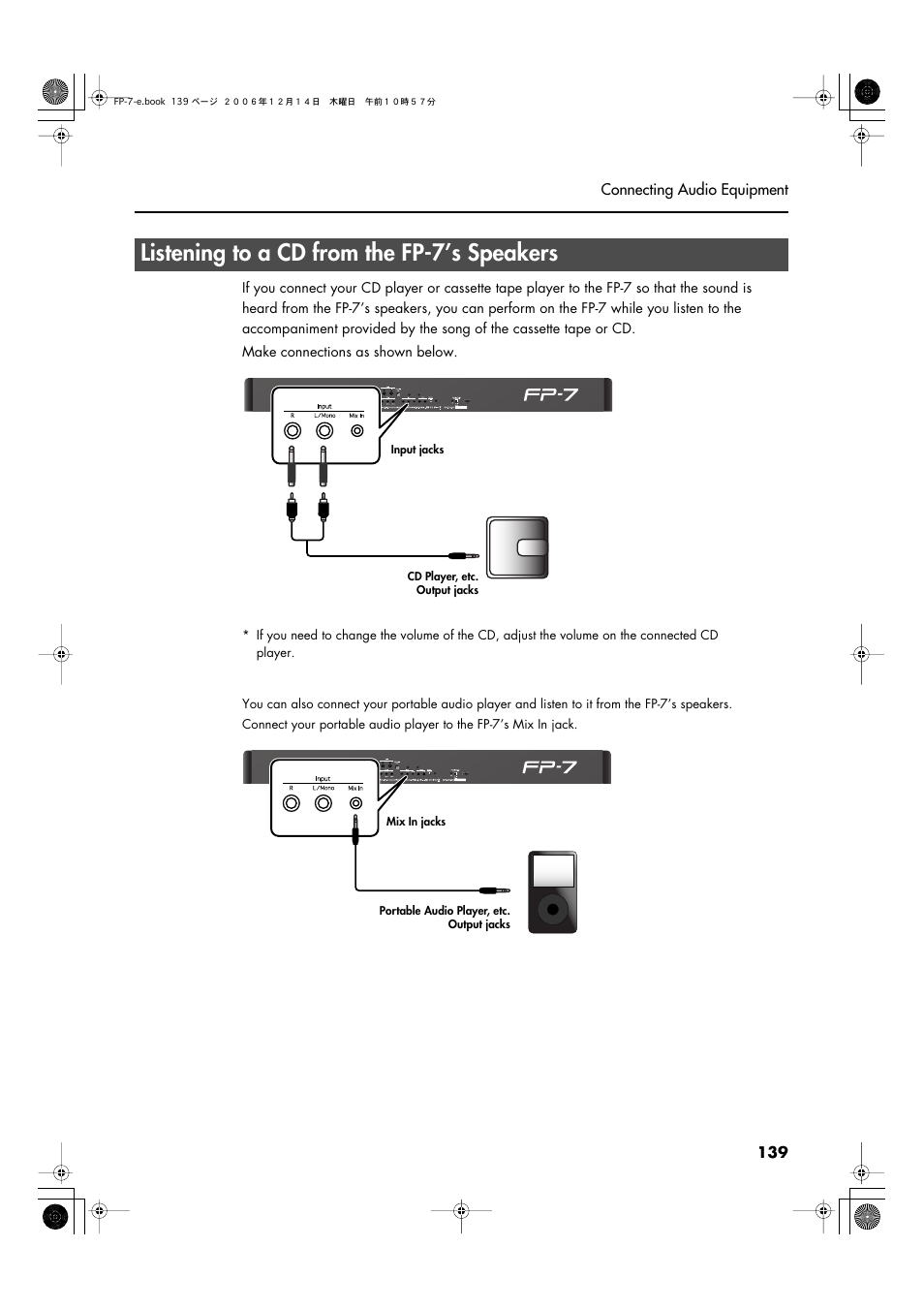 Listening to a cd from the fp-7’s speakers, Device through the fp-7’s speakers (p. 139) | Roland FP-7 User Manual | Page 139 / 188