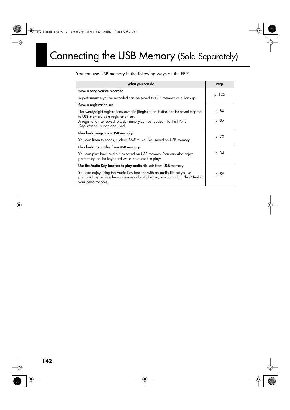Connecting the usb memory (sold separately), Sold separately) | Roland FP-7 User Manual | Page 142 / 188