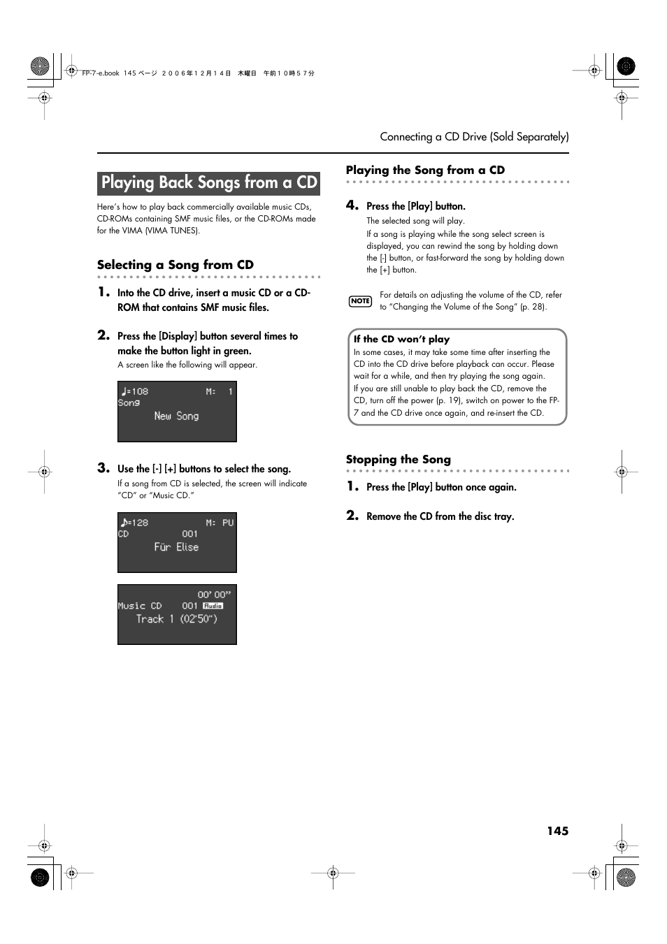 Playing back songs from a cd | Roland FP-7 User Manual | Page 145 / 188
