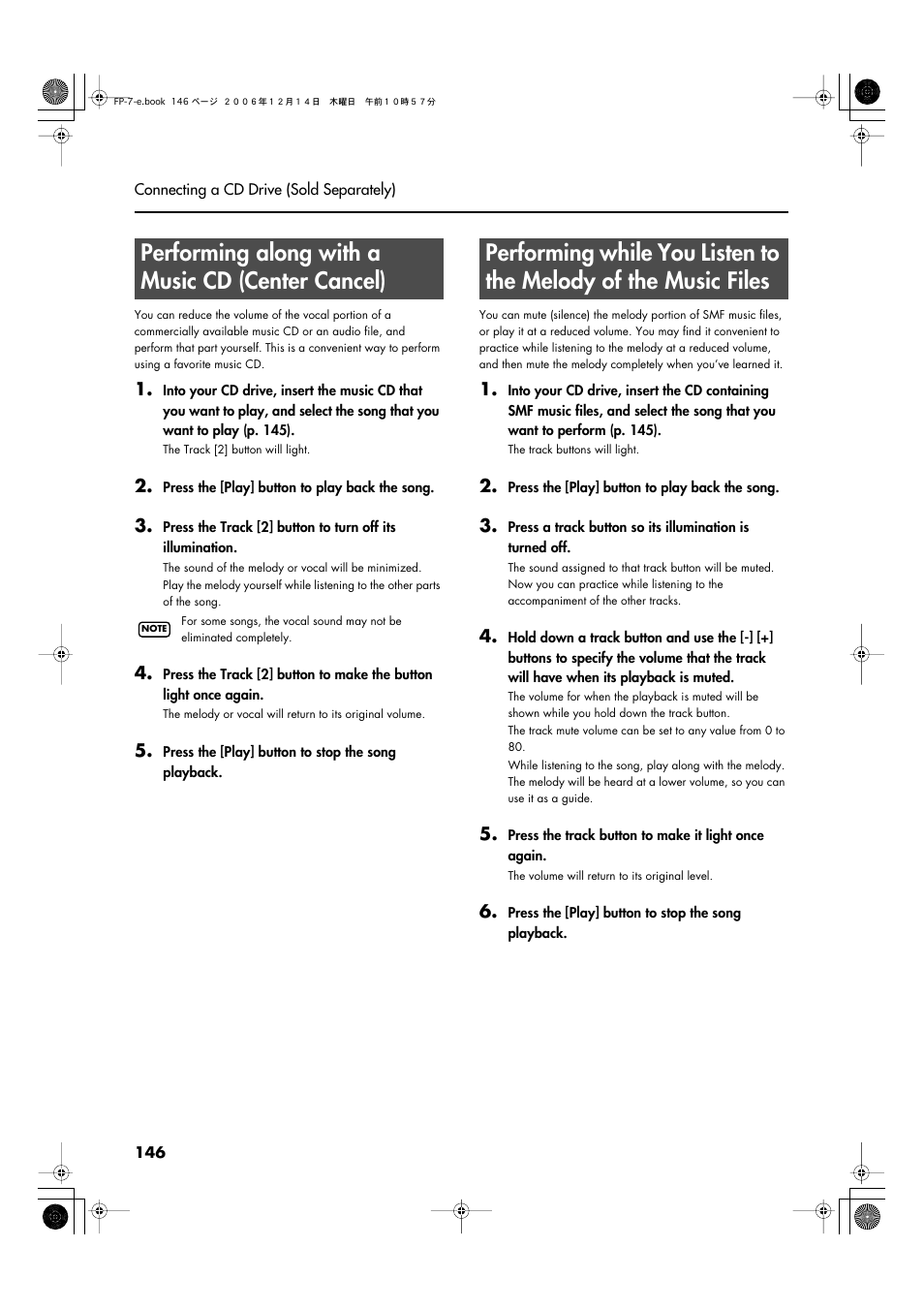 Performing along with a music cd (center cancel) | Roland FP-7 User Manual | Page 146 / 188