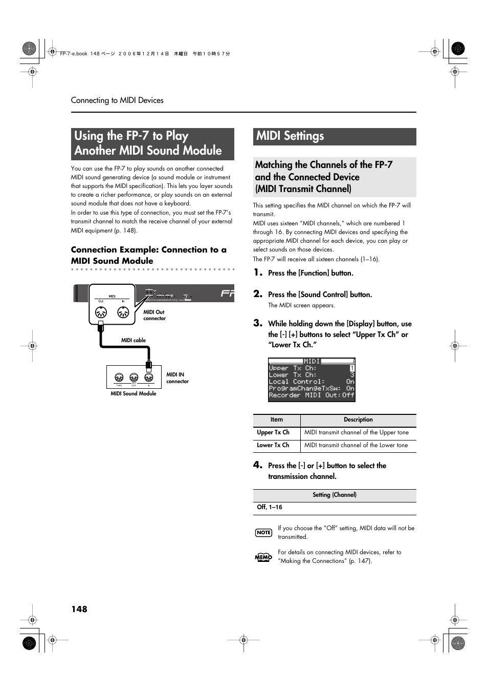 Using the fp-7 to play another midi sound module, Midi settings | Roland FP-7 User Manual | Page 148 / 188
