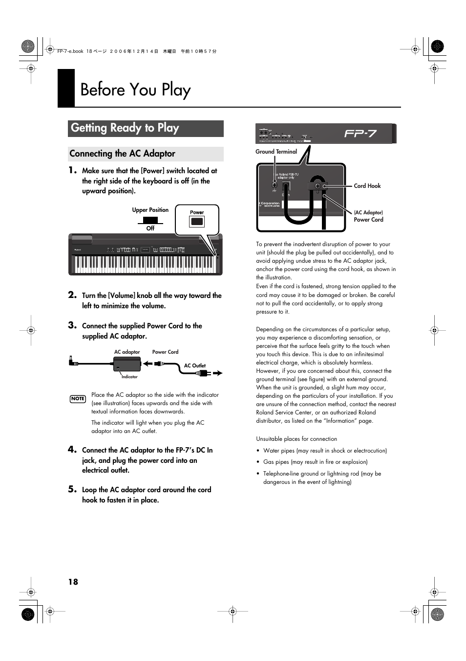 Before you play, Getting ready to play, Connecting the ac adaptor | Ground terminal (p. 18), Connect the supplied ac adaptor here (p. 18), Adaptor (p. 18) | Roland FP-7 User Manual | Page 18 / 188