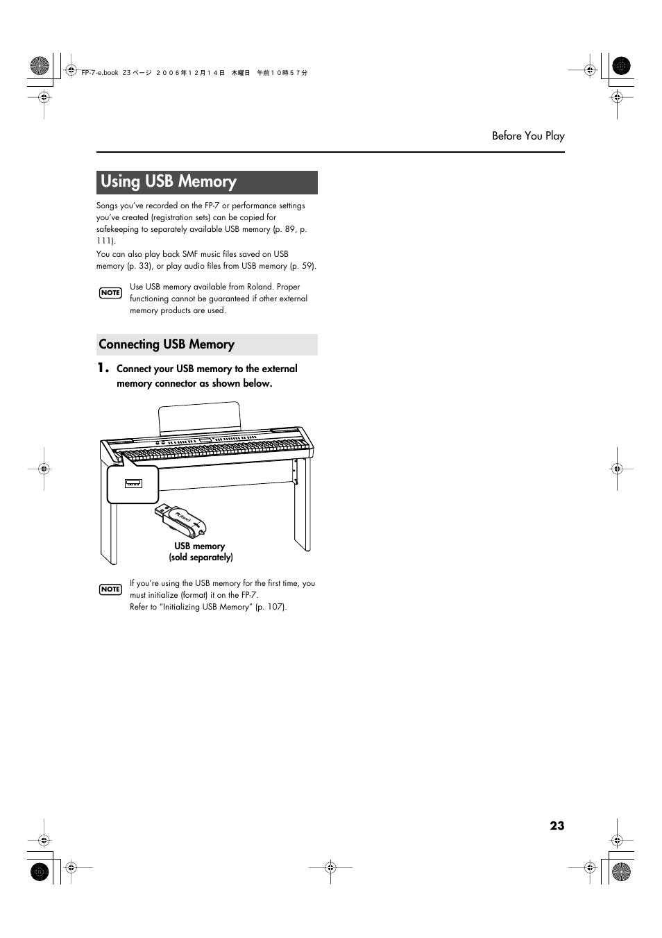 Using usb memory, Connecting usb memory | Roland FP-7 User Manual | Page 23 / 188