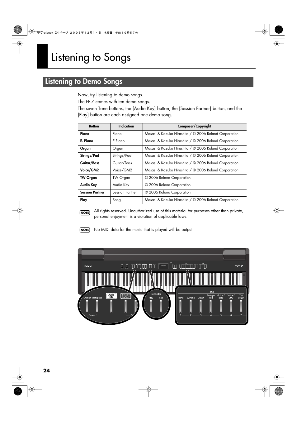 Listening to songs, Listening to demo songs | Roland FP-7 User Manual | Page 24 / 188