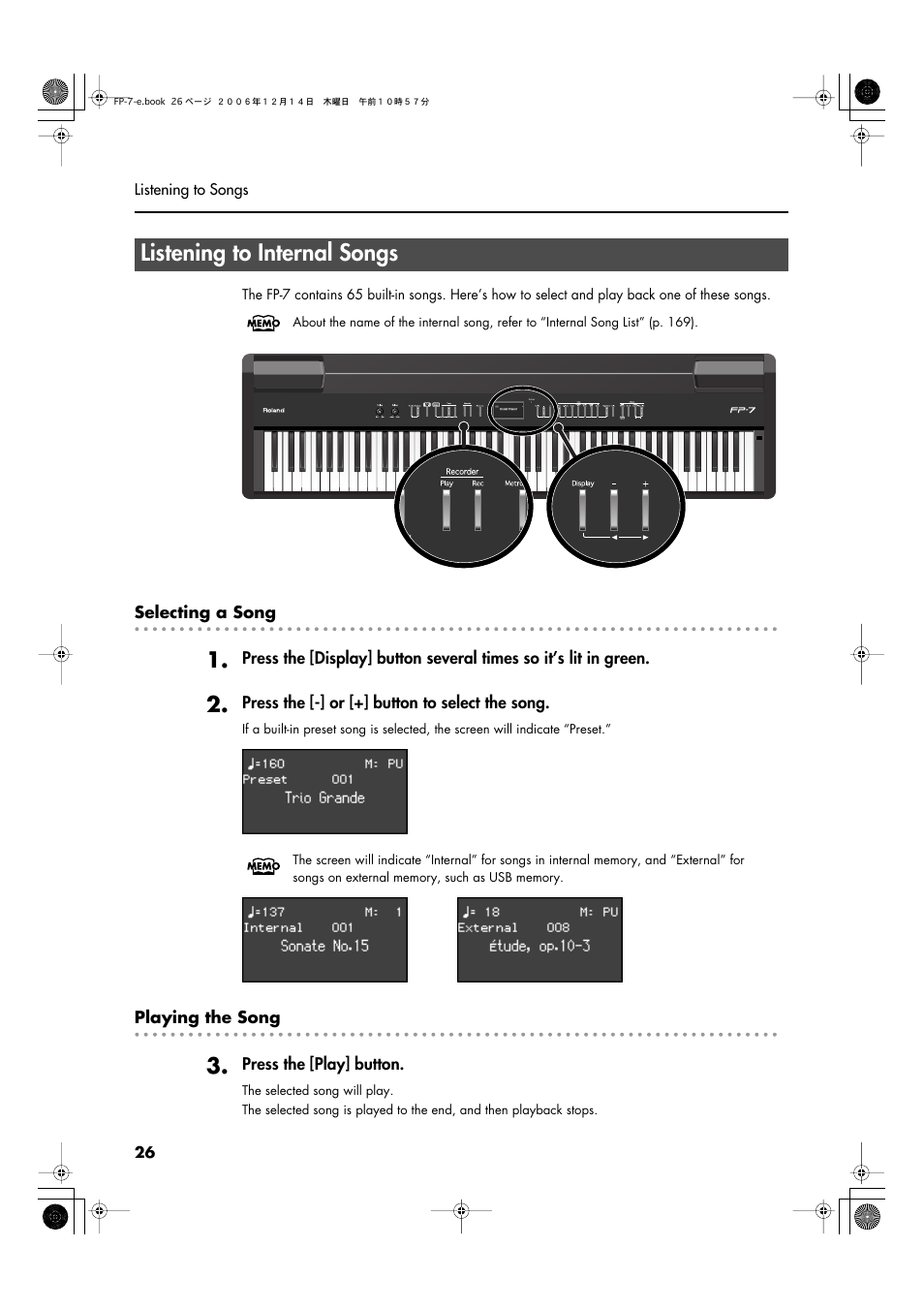 Listening to internal songs, Recorded performances (p. 26) | Roland FP-7 User Manual | Page 26 / 188