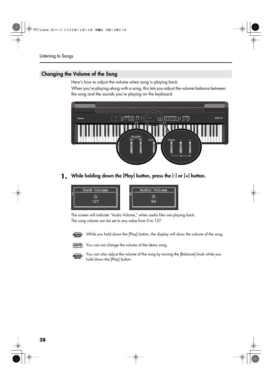 Changing the volume of the song | Roland FP-7 User Manual | Page 28 / 188