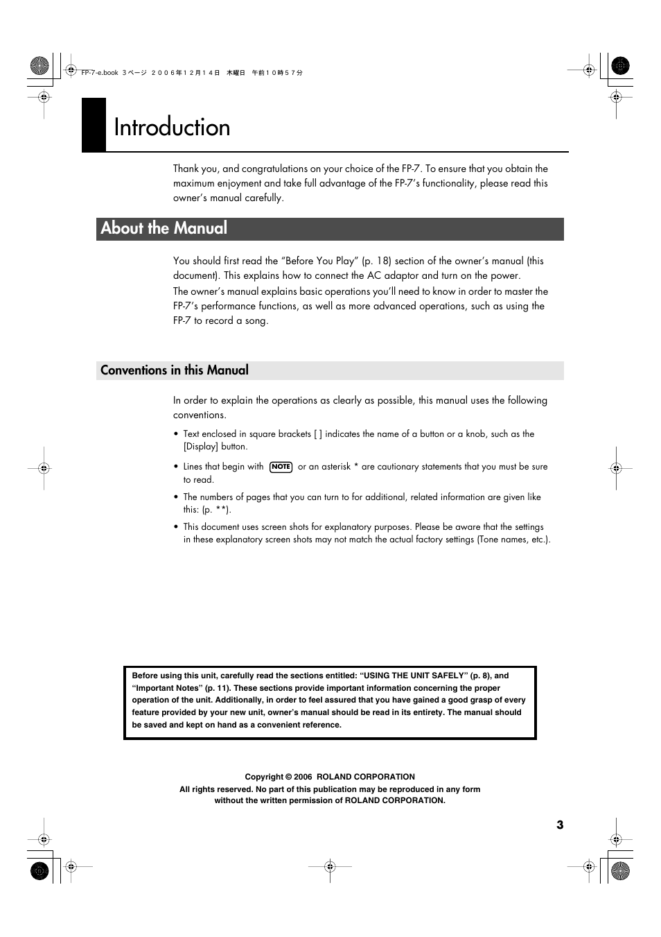 Introduction, About the manual, Conventions in this manual | Roland FP-7 User Manual | Page 3 / 188