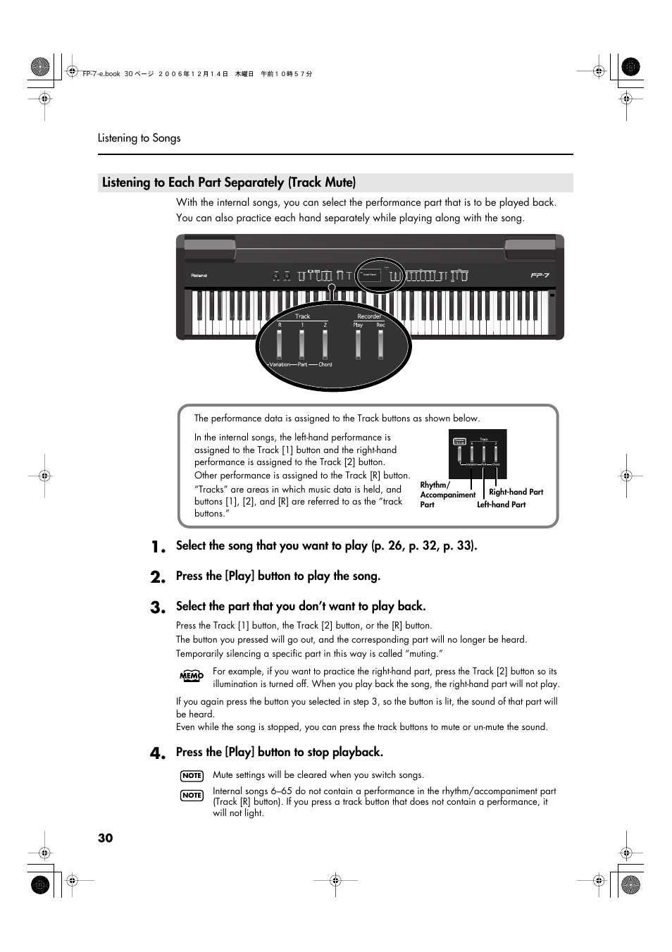 Listening to each part separately (track mute), A song (p. 30). these buttons also switch session | Roland FP-7 User Manual | Page 30 / 188