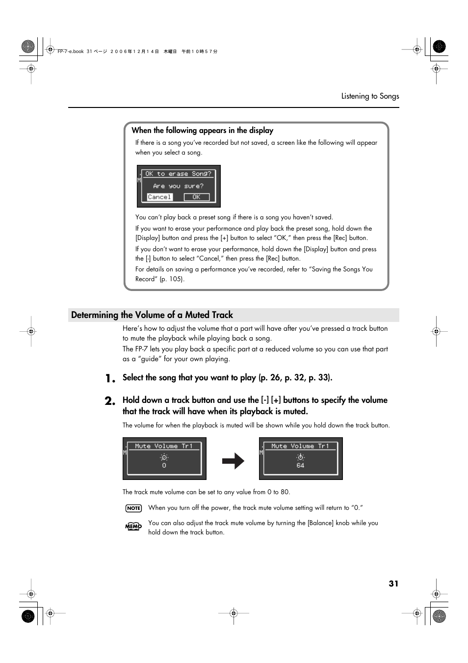 Determining the volume of a muted track | Roland FP-7 User Manual | Page 31 / 188