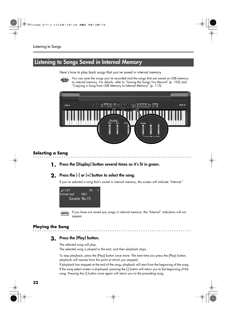 Listening to songs saved in internal memory | Roland FP-7 User Manual | Page 32 / 188