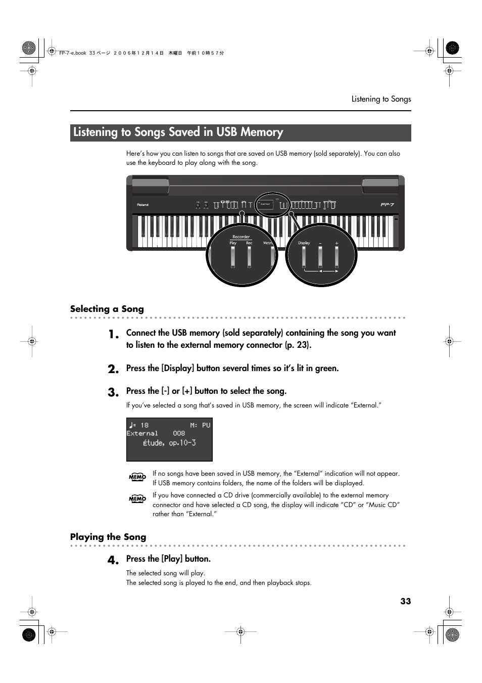 Listening to songs saved in usb memory | Roland FP-7 User Manual | Page 33 / 188