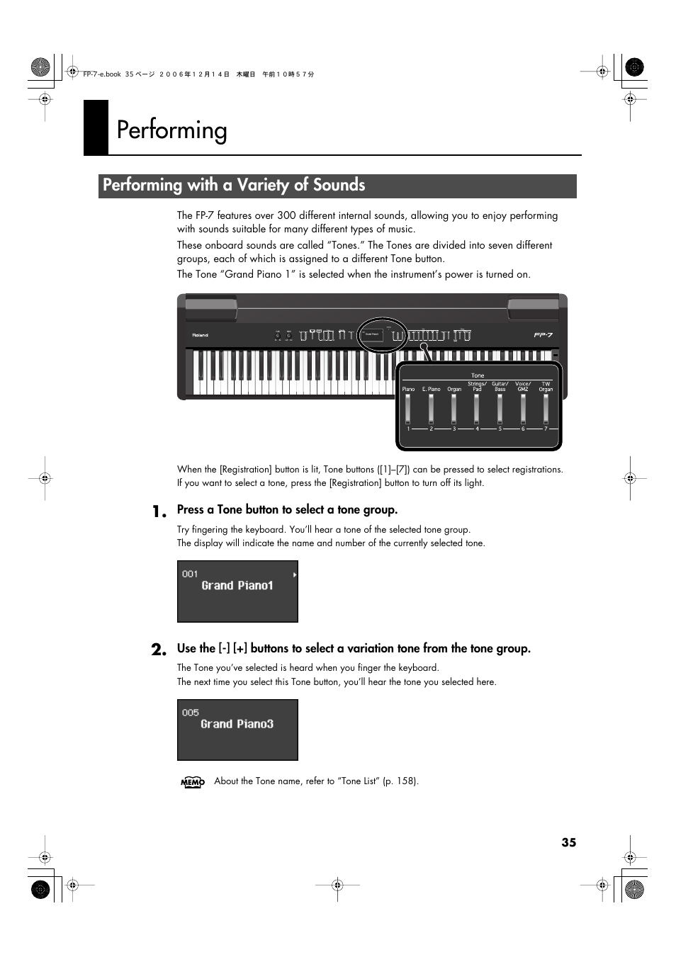 Performing, Performing with a variety of sounds, Groups) played by the keyboard (p. 35) | Roland FP-7 User Manual | Page 35 / 188