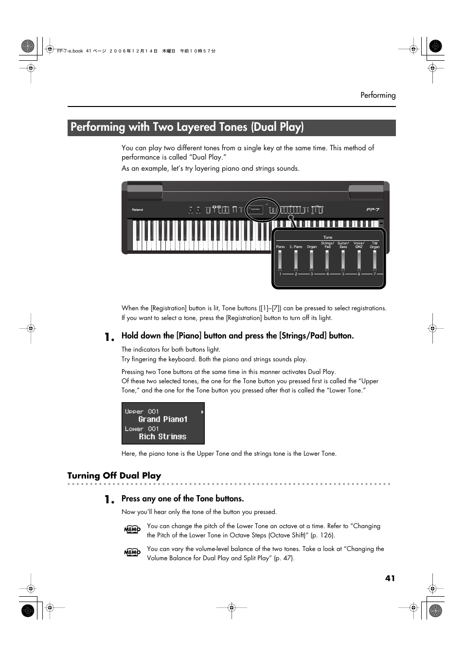 Performing with two layered tones (dual play) | Roland FP-7 User Manual | Page 41 / 188