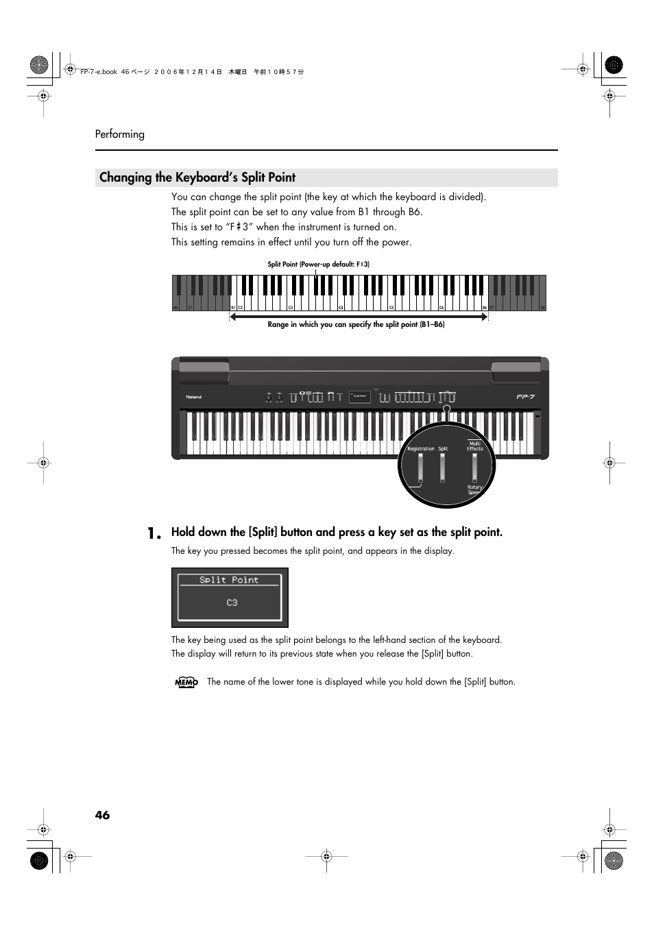 Changing the keyboard’s split point, 46 performing | Roland FP-7 User Manual | Page 46 / 188