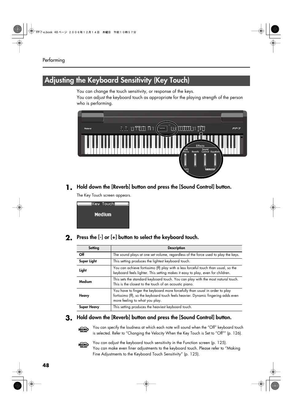 Adjusting the keyboard sensitivity (key touch) | Roland FP-7 User Manual | Page 48 / 188