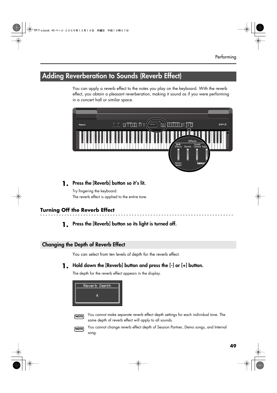 Adding reverberation to sounds (reverb effect), Changing the depth of reverb effect, Of a concert hall to what you play (p. 49) | Roland FP-7 User Manual | Page 49 / 188