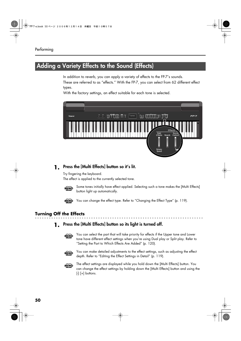 Adding a variety effects to the sound (effects) | Roland FP-7 User Manual | Page 50 / 188