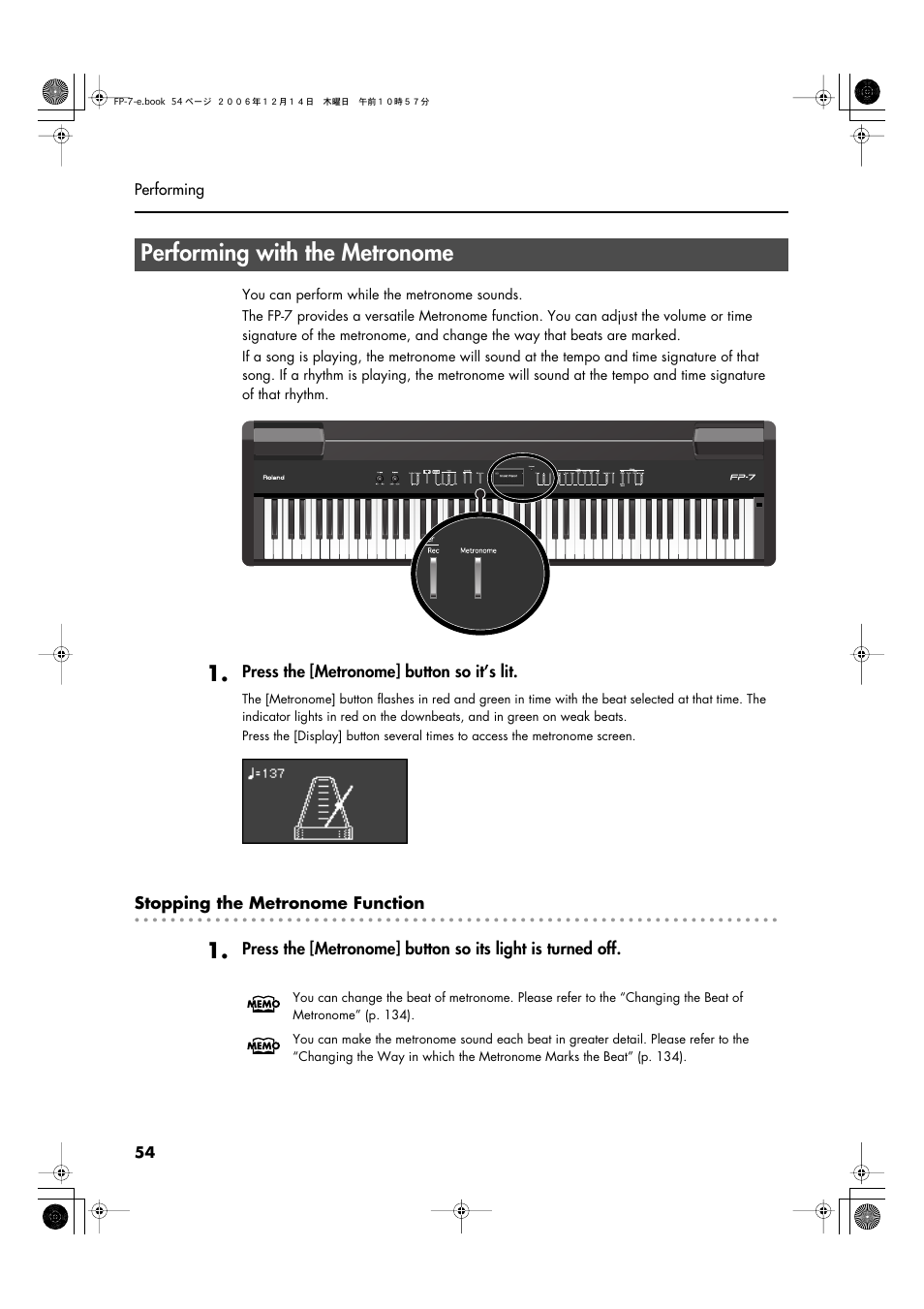 Performing with the metronome, Turns the internal metronome on and off (p. 54) | Roland FP-7 User Manual | Page 54 / 188