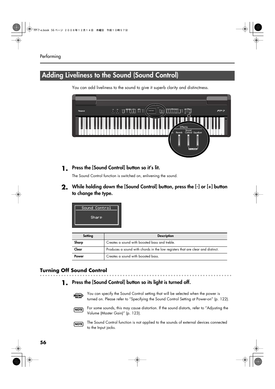 Adding liveliness to the sound (sound control) | Roland FP-7 User Manual | Page 56 / 188
