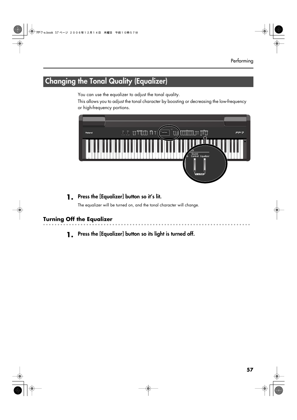 Changing the tonal quality (equalizer) | Roland FP-7 User Manual | Page 57 / 188