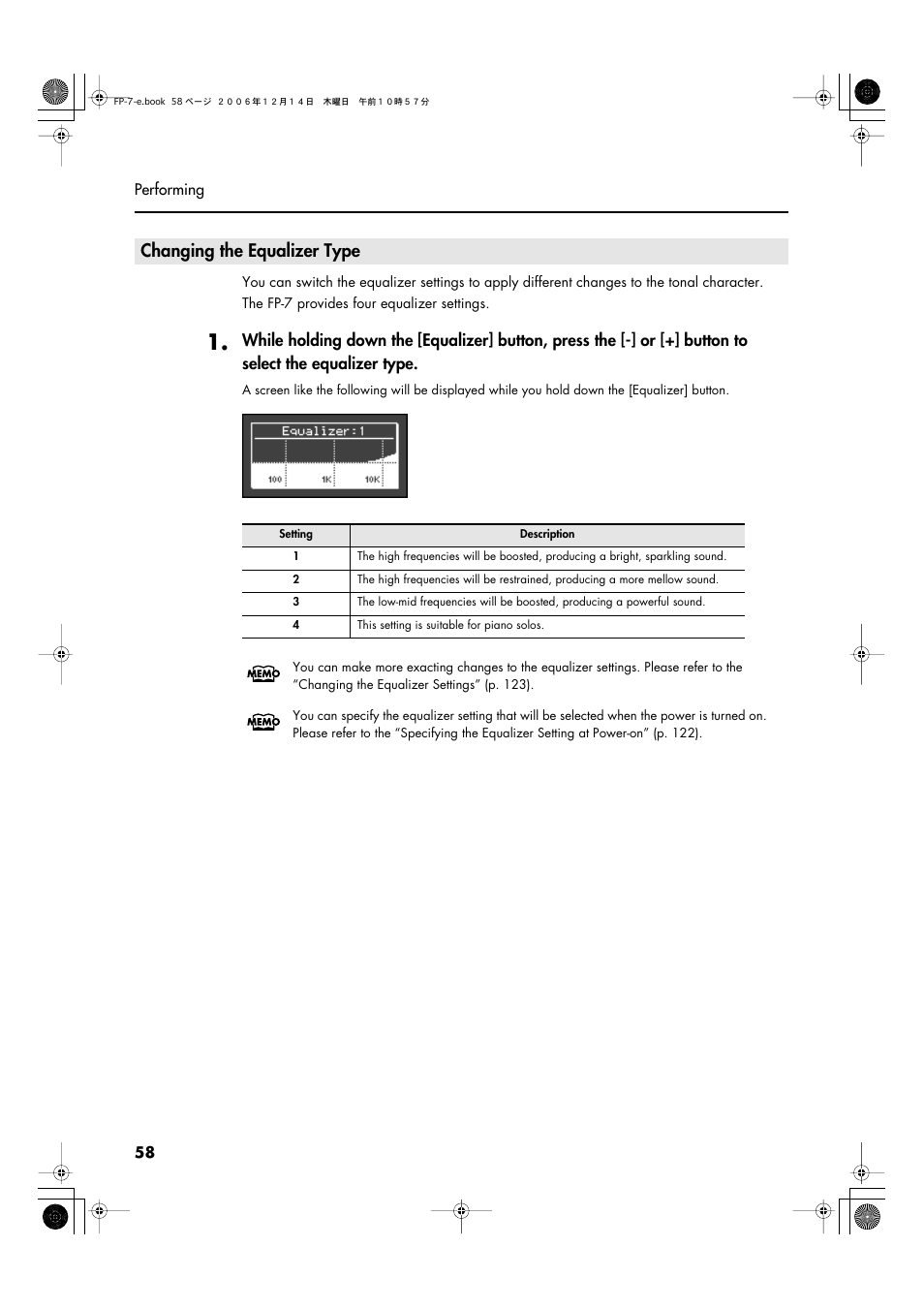 Changing the equalizer type | Roland FP-7 User Manual | Page 58 / 188