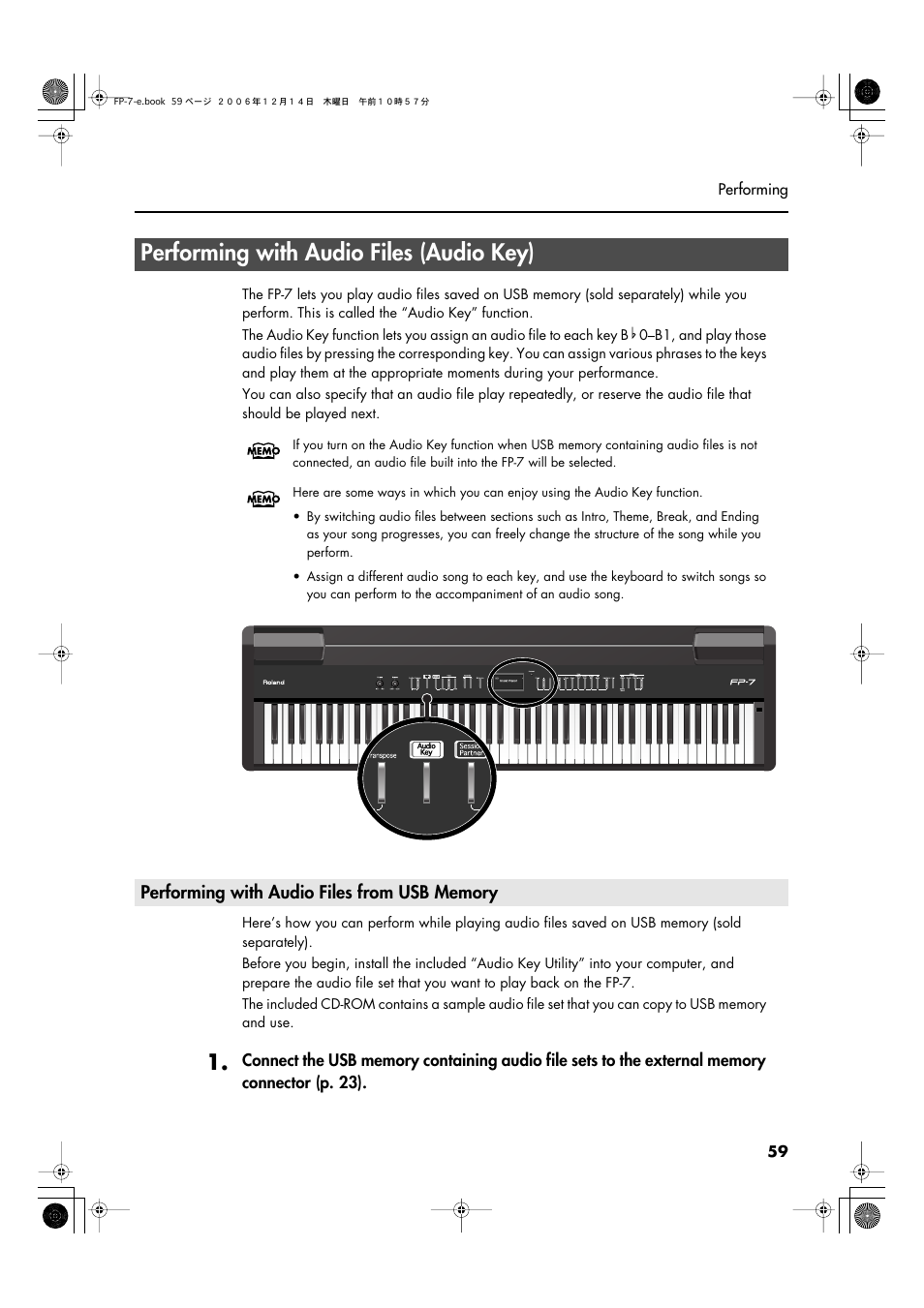 Performing with audio files (audio key), Performing with audio files from usb memory, B1 (p. 59) | Roland FP-7 User Manual | Page 59 / 188