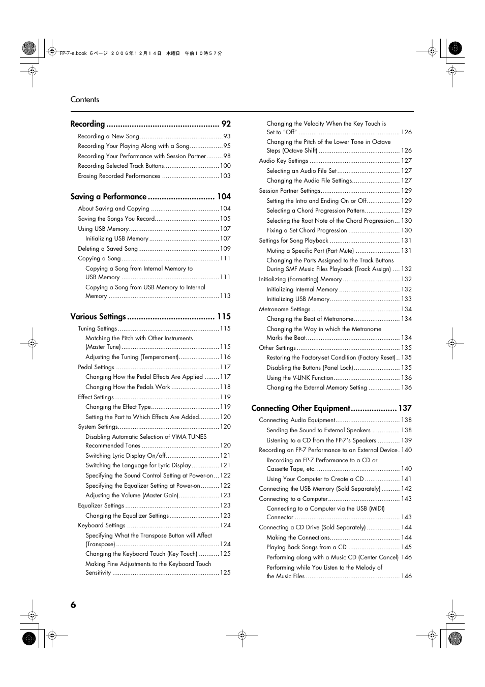6 contents recording, Saving a performance, Various settings | Connecting other equipment | Roland FP-7 User Manual | Page 6 / 188