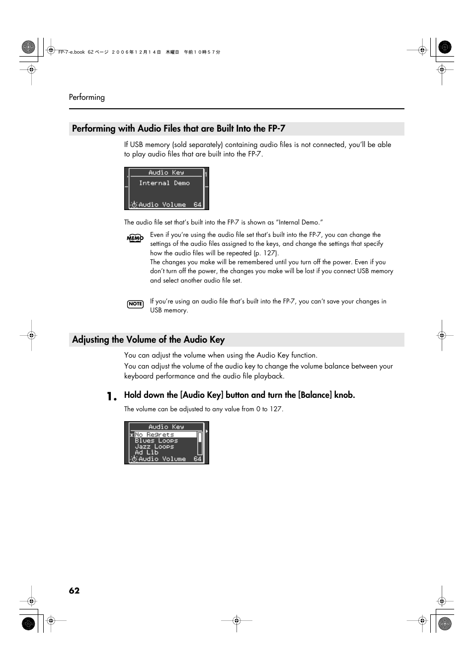 Adjusting the volume of the audio key | Roland FP-7 User Manual | Page 62 / 188